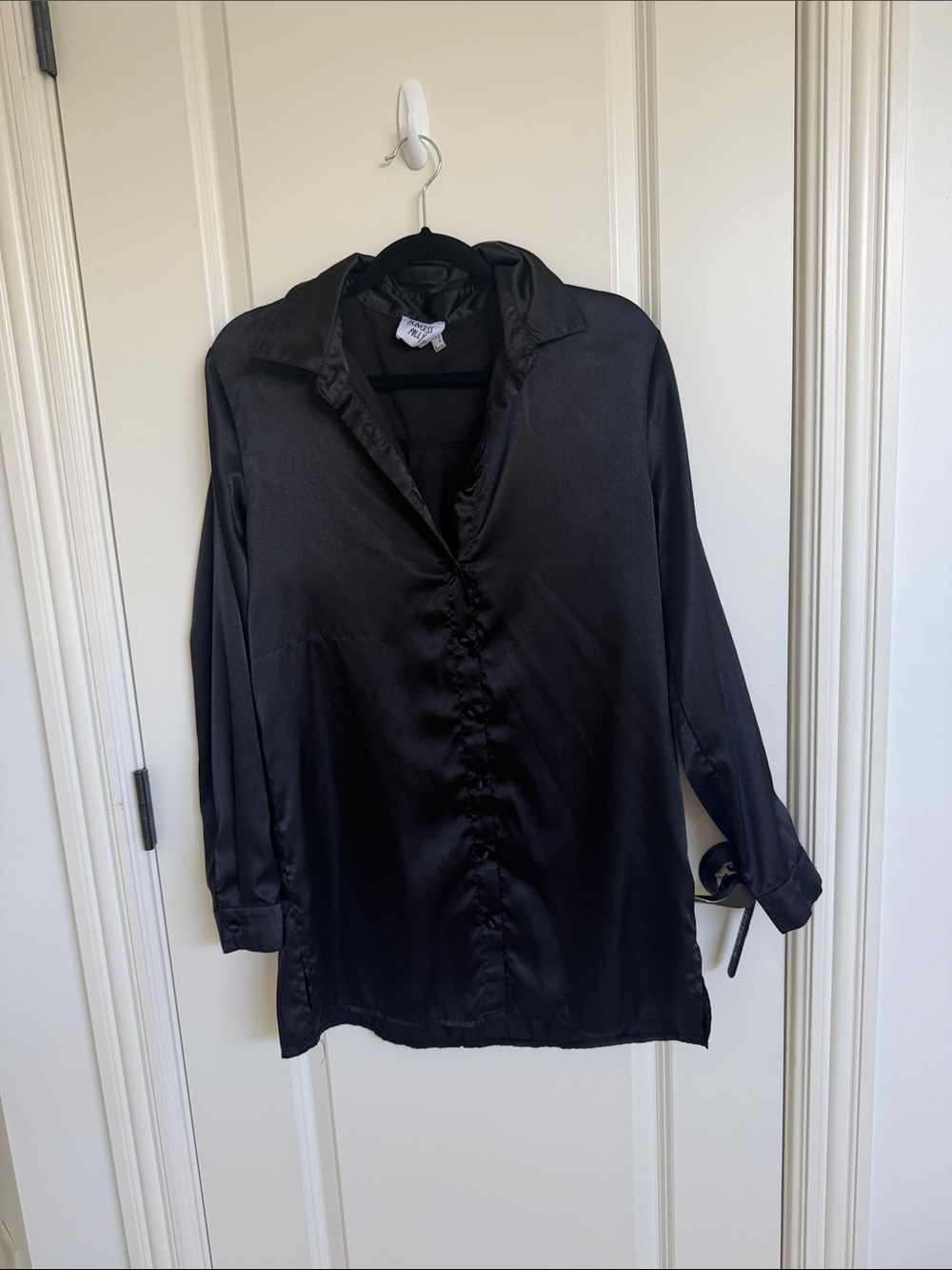 Black Satin Long-Sleeve shirt dress princess Polly